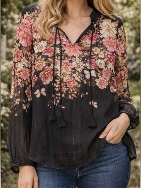 Autres Filles Floral Tie-Neck Blouse Black and Rose XS